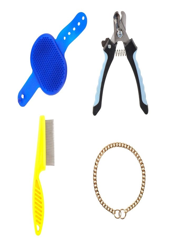 مجموعة أدوات العناية بالحيوانات الأليفة متعددة الألوان (4 قطع) تتضمن مقص أظافر للكلاب، فرشاة، مشط، وطوق سلسلة. - Image 1